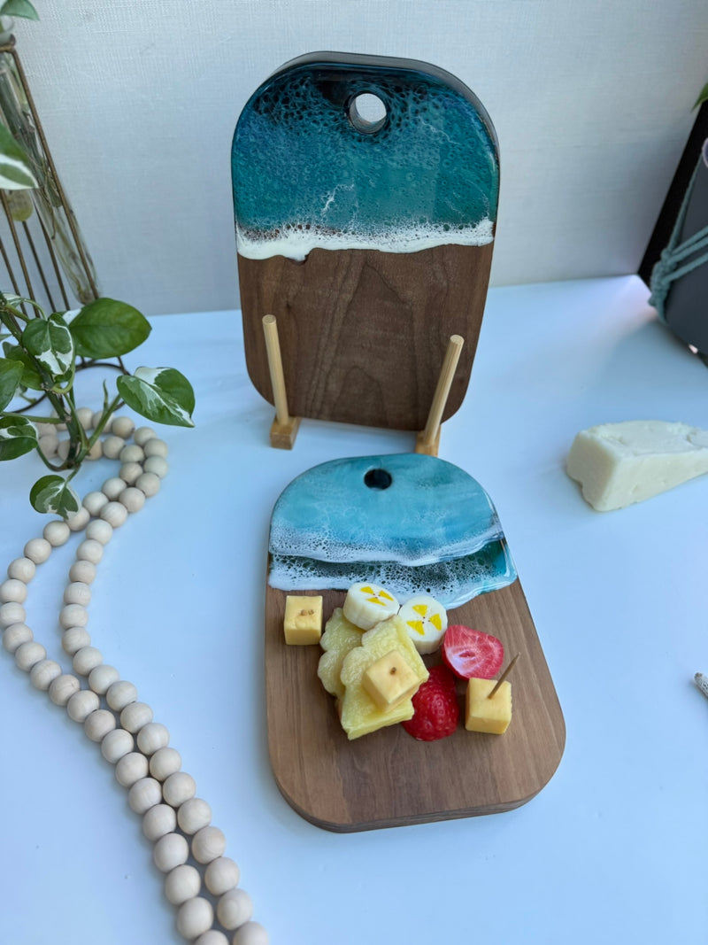 Affordable Ocean Resin Mini Cheese Board - Gift-Ready Walnut Snack Plate & Spoon Rest (5” x 8”)