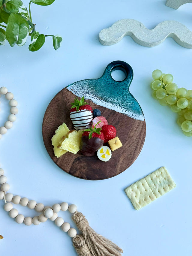TalkingThyme Mini Cheese Board with Ocean Resin Art – 6" x 8" Handcrafted Customizable Gift