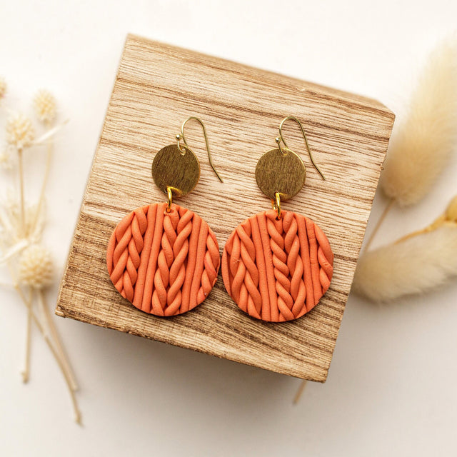 Orange Knit Polymer Clay Earrings: 18K Gold Backs