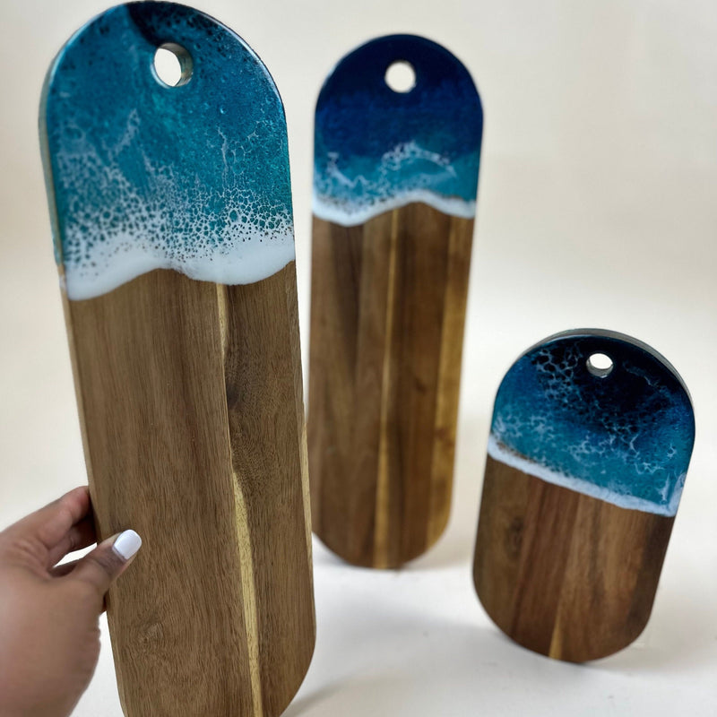 Ocean Wave Acacia Wood Cheese Board: Handmade Epoxy Resin Serving Board
