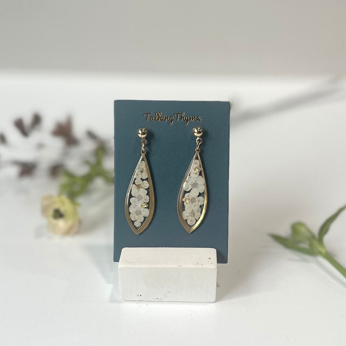 Real Flower Resin Earrings: Dried Plum Blossoms, 18K Gold Filled