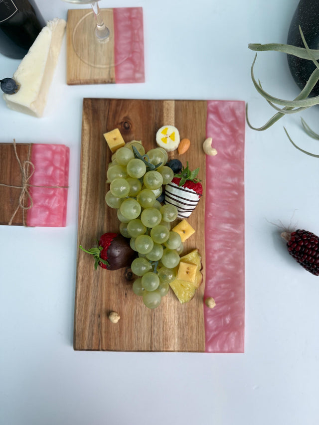 Acacia Cheese Board & Coaster Set | Pink Floral-Pigment Resin, Handmade