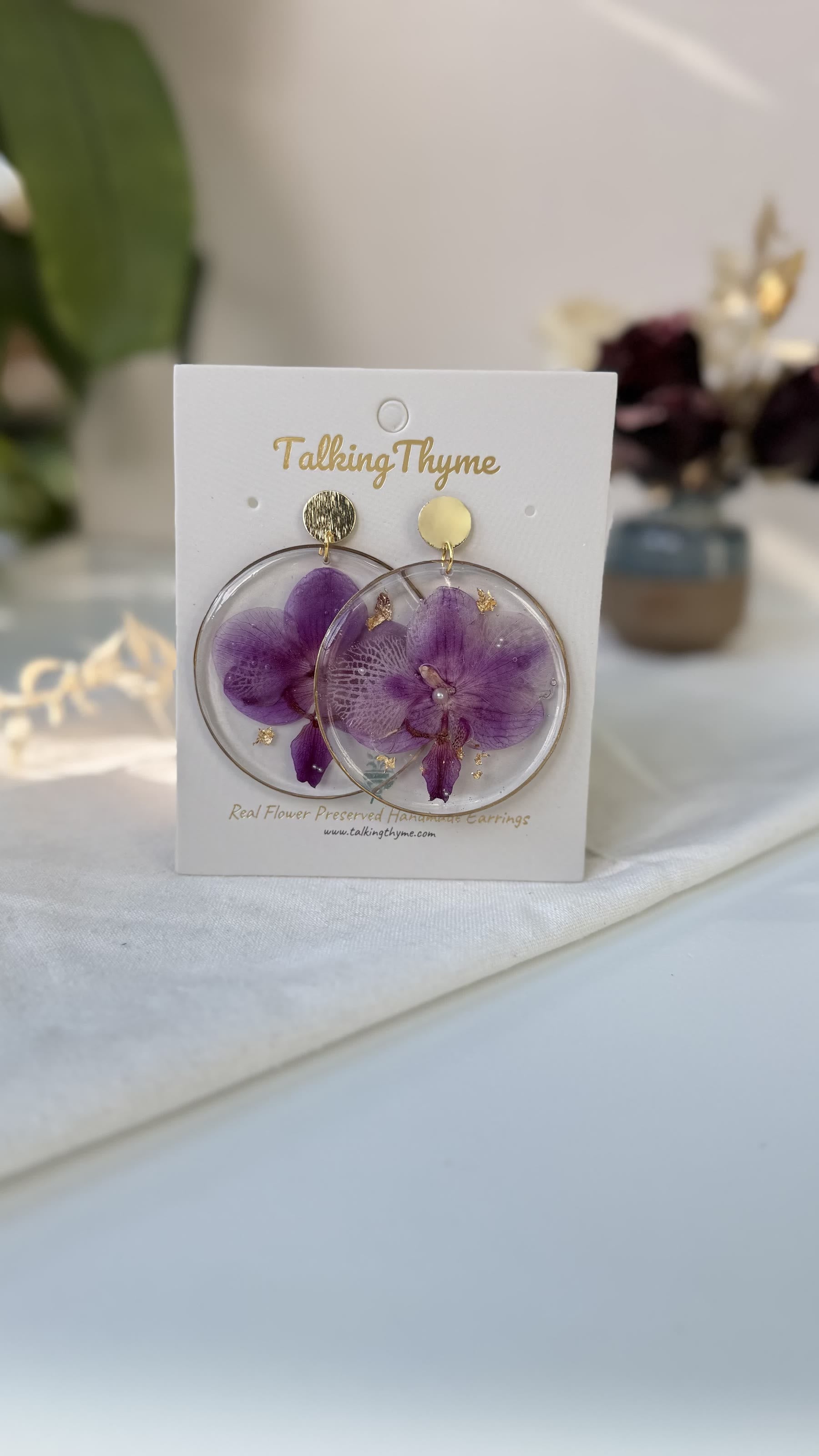 Purple pressed flower earrings handmade by TalkingThymme