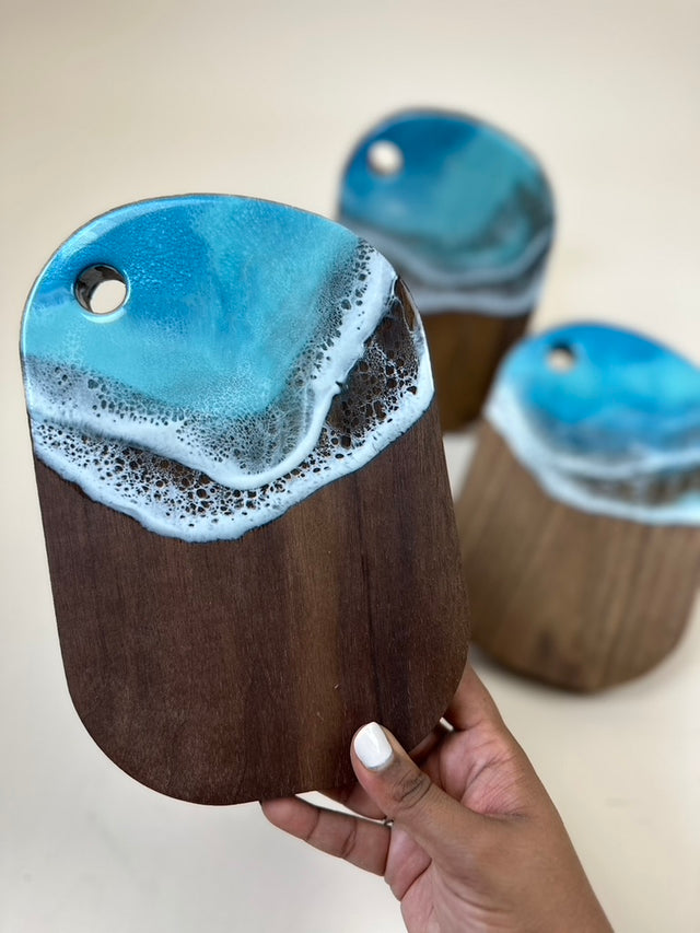 TalkingThyme Ocean Resin Mini Cheese Board – Affordable 5x8 Walnut Snack Plate, Spoon Rest & Personalized Gift