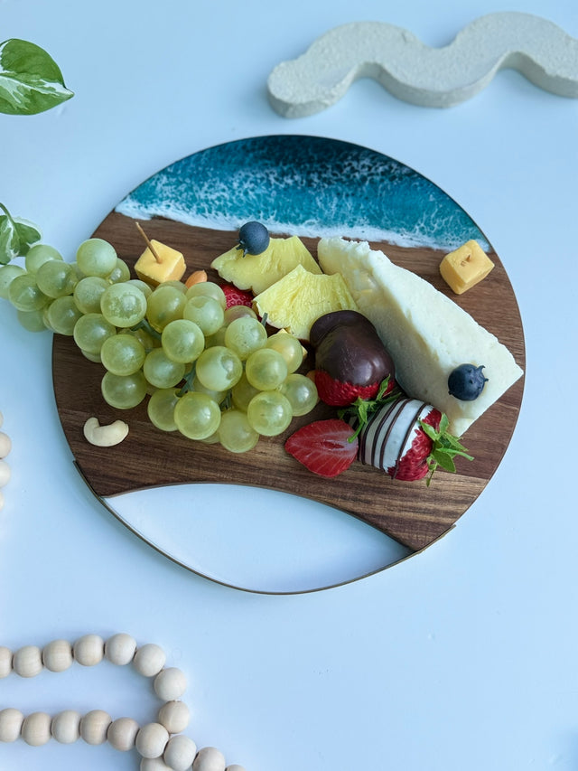 Coastal Cheese Board with Blue Resin wave and Gold Metal Handle Round Serving Board - Bring seaside sophistication to ev