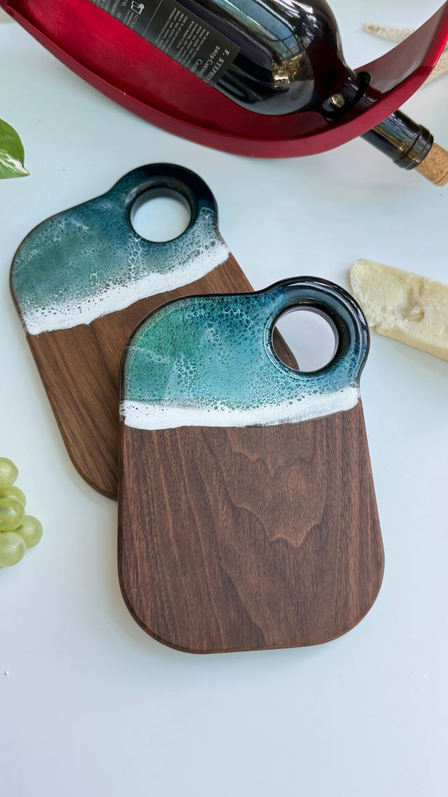 TalkingThyme Ocean Breeze Mini Cheese Board – Handcrafted Walnut Board with Resin Waves (5” x 8”)