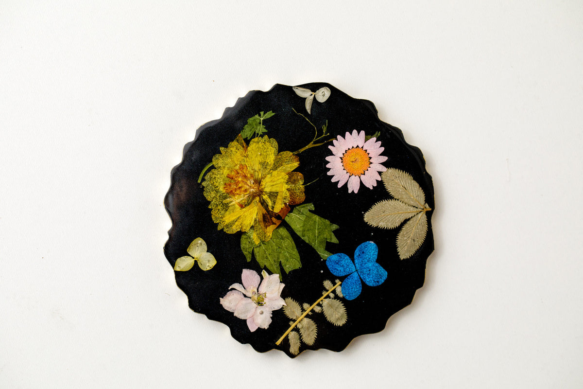 Press flower Black coaster set of 4