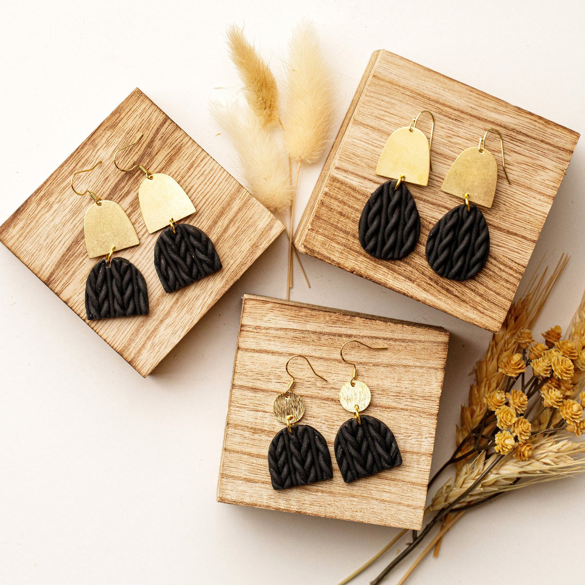 Black Knit Polymer Clay Earrings: 18K Gold Hooks