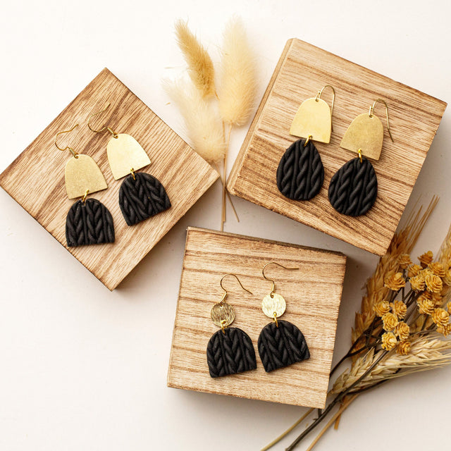 Black Knit Polymer Clay Earrings: 18K Gold Hooks