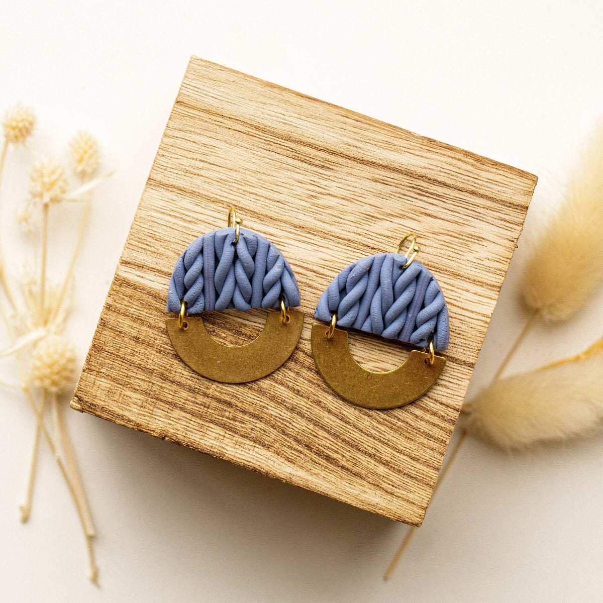 Blue Knit Polymer Clay Earrings: 18K Gold Wires, Handmade
