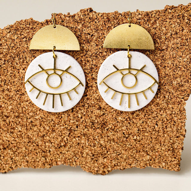 Evil Eye Dangle Earrings: Speckled White Polymer Clay, 18K Gold Wires