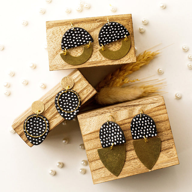 Handmade Polka Dot Polymer Clay Earrings: Gold & Black Dangles