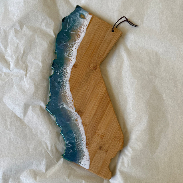 California Coast Bamboo Cutting Board: Resin Ocean Wave Charcuterie Board