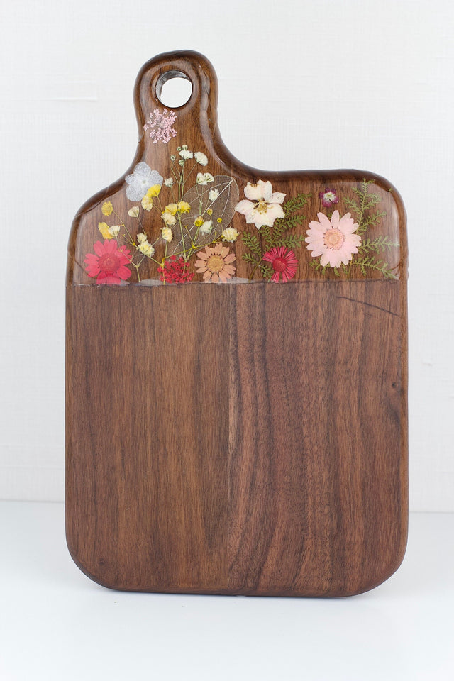 Summer Floral Cheese Boards with Dried, Pressed Flowers on Walnut Board.