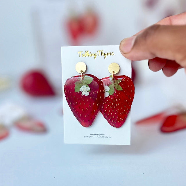 Real Strawberry Earrings: Dried Berry Resin Jewelry, 18K Gold Filled
