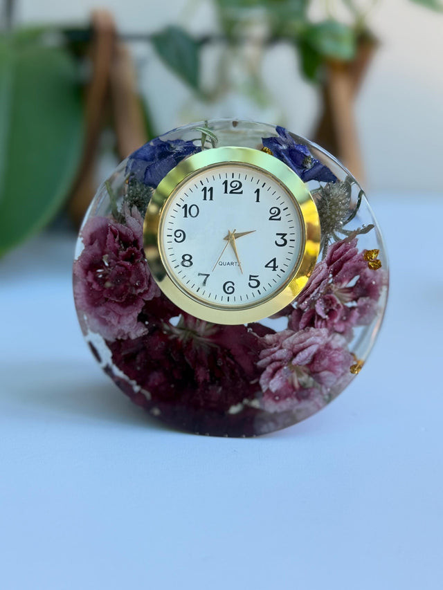 Real Dried Flower Mini Desk Clock: Orchid Carnation Resin Art