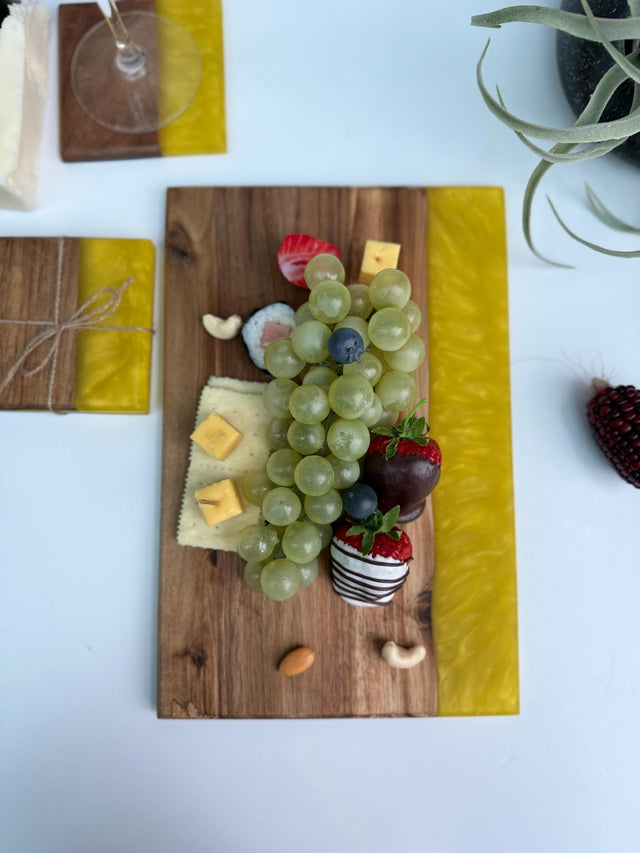 Acacia Cheese Board & Coaster Set • Yellow Floral Resin, Personalized