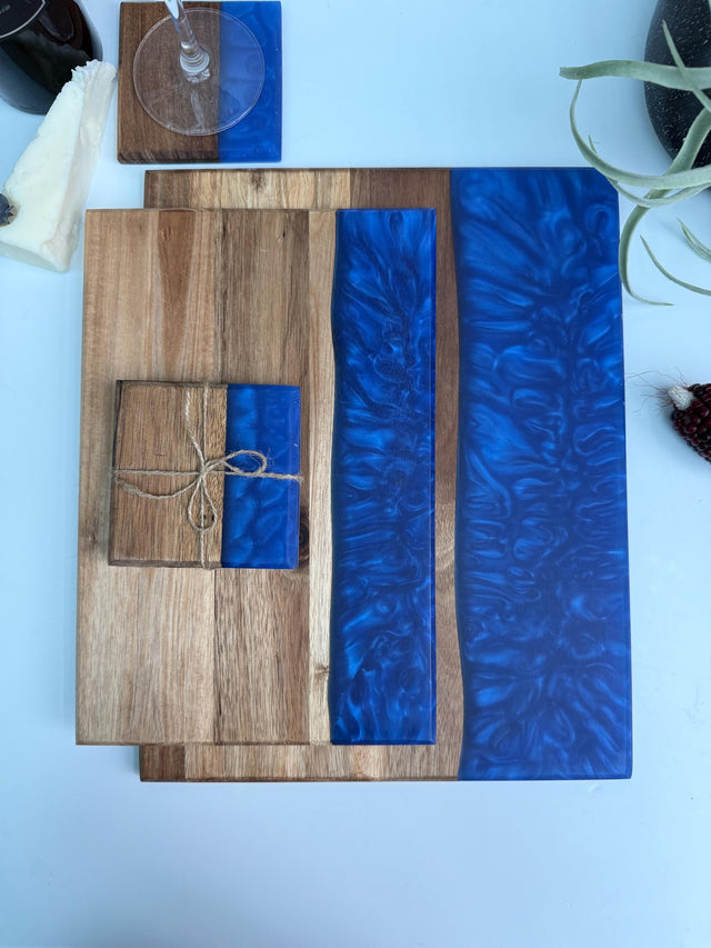 Handmade Blue Resin Acacia Cheese Board & Coaster Set • Floral Art