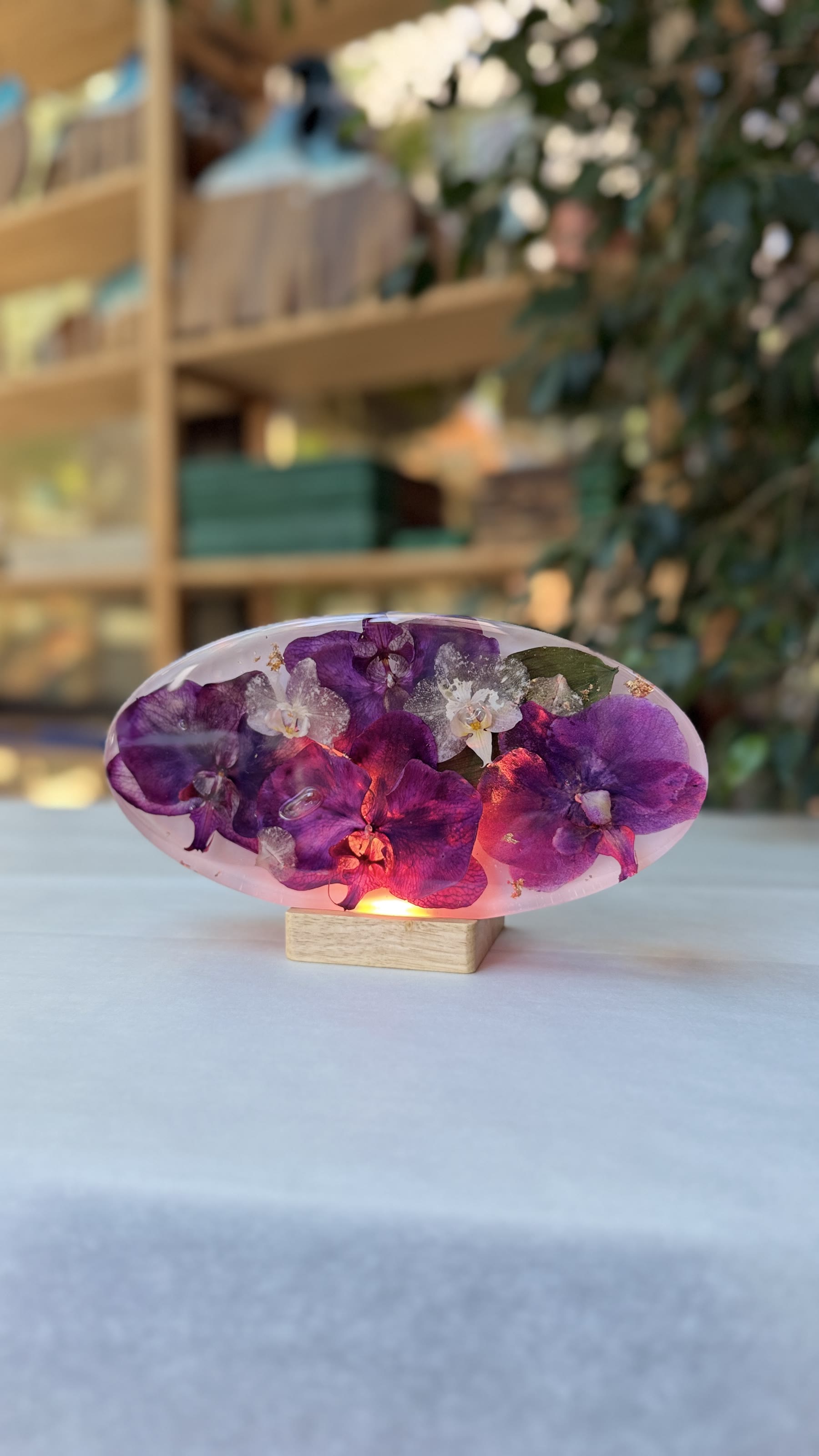 Purple orchids preserved in an illuminated resin flower lamp